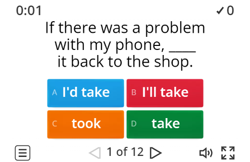 Image of 
<span>B2: Conditionals with 'will', 'would' etc (quiz)</span>
